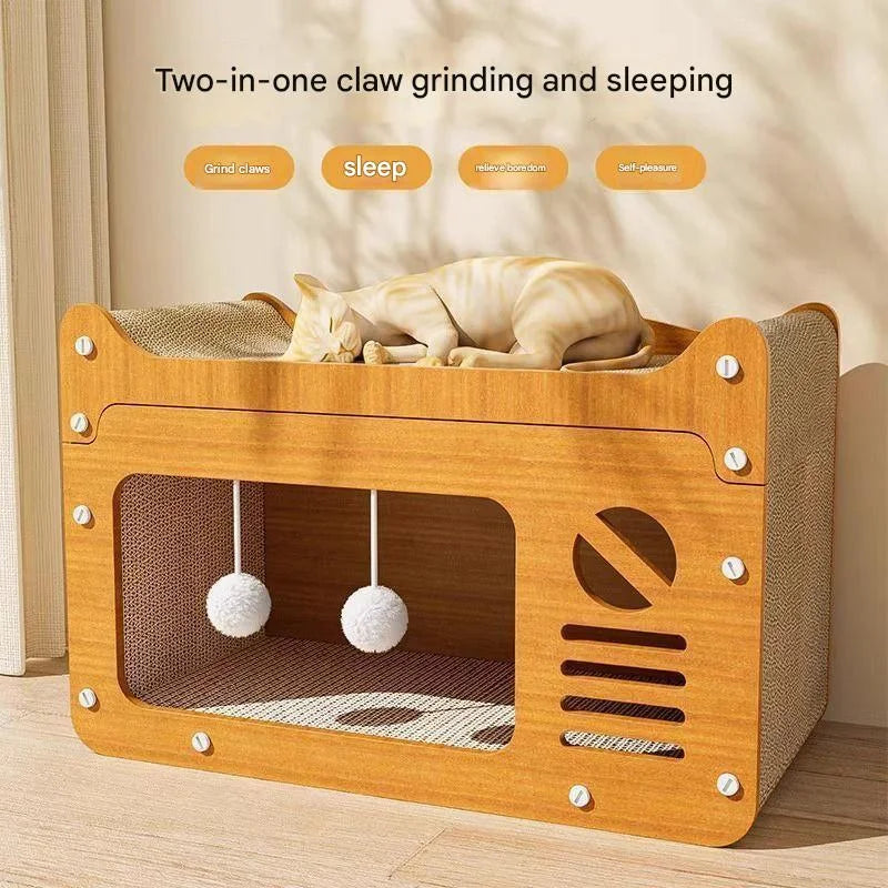 Large Wooden Cat House with Scratcher
