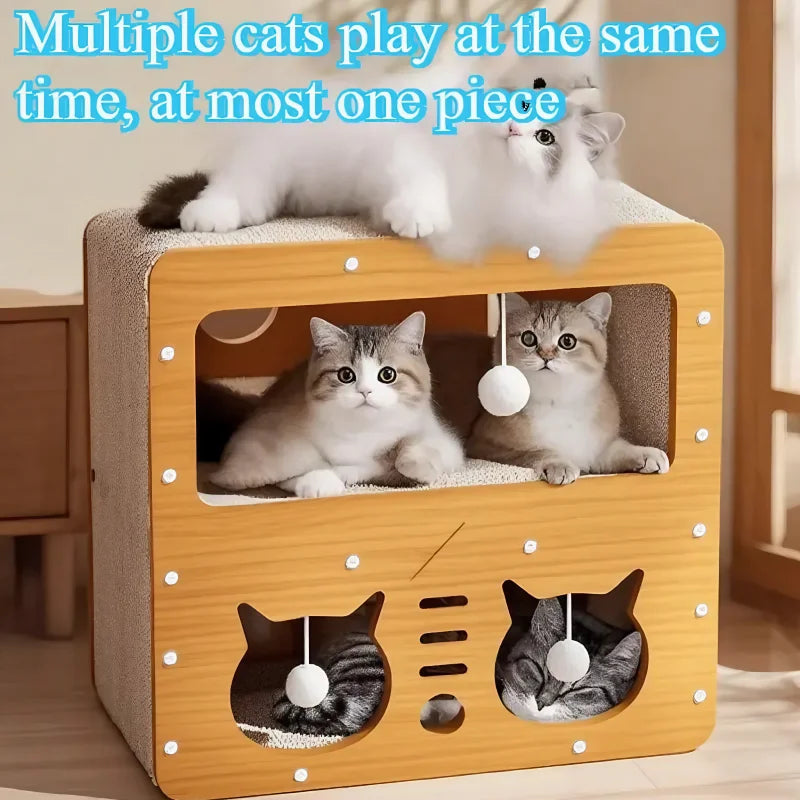 Large Wooden Cat House with Scratcher