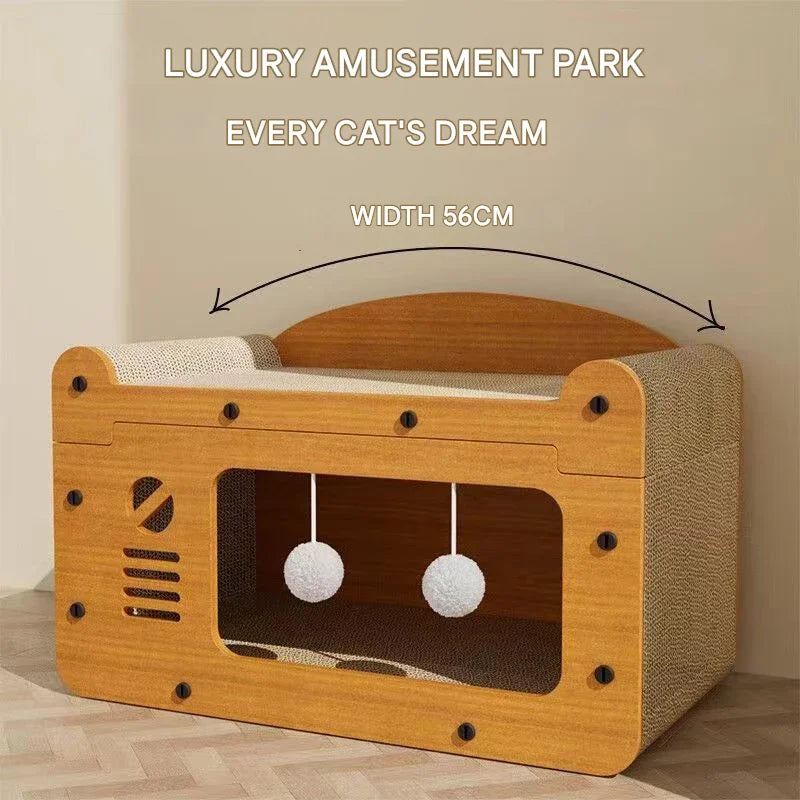 Large Wooden Cat House with Scratcher
