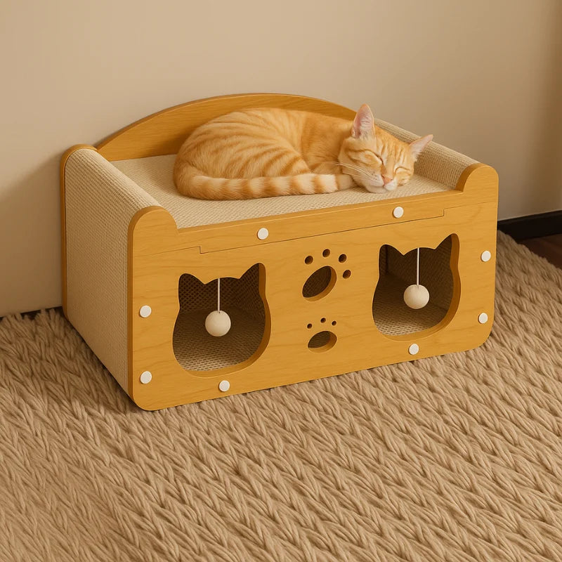 Large Wooden Cat House with Scratcher