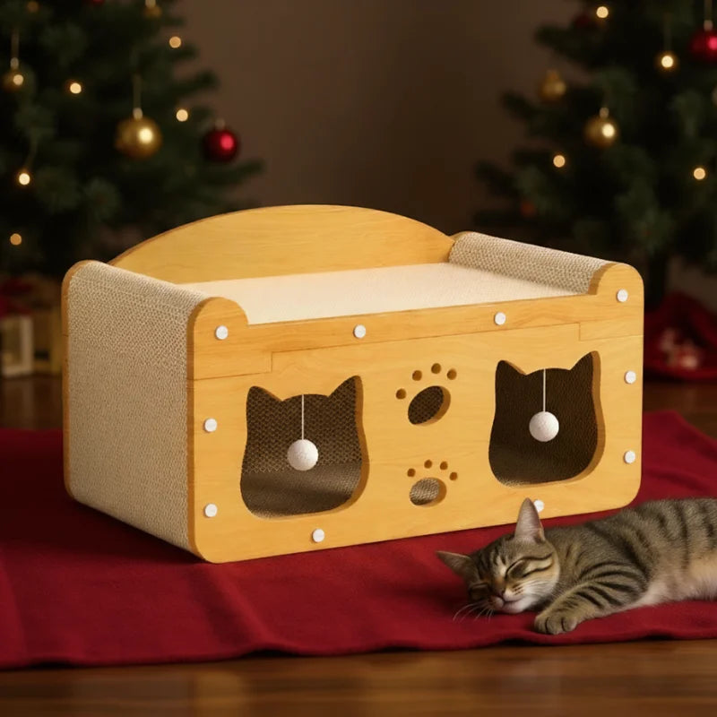 Large Wooden Cat House with Scratcher